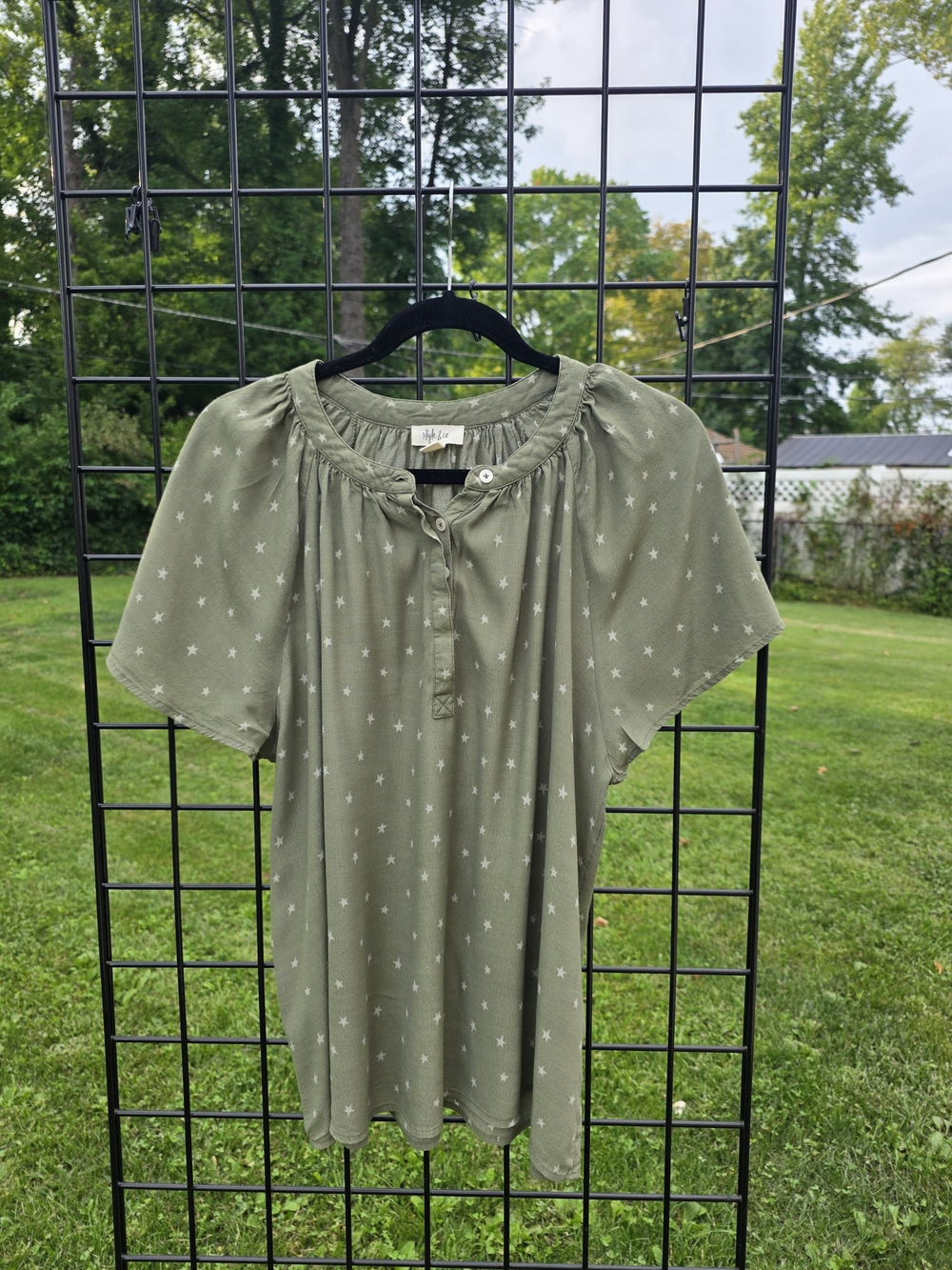 Style & Co. Olive Star-Print Short Sleeve Peasant Blouse